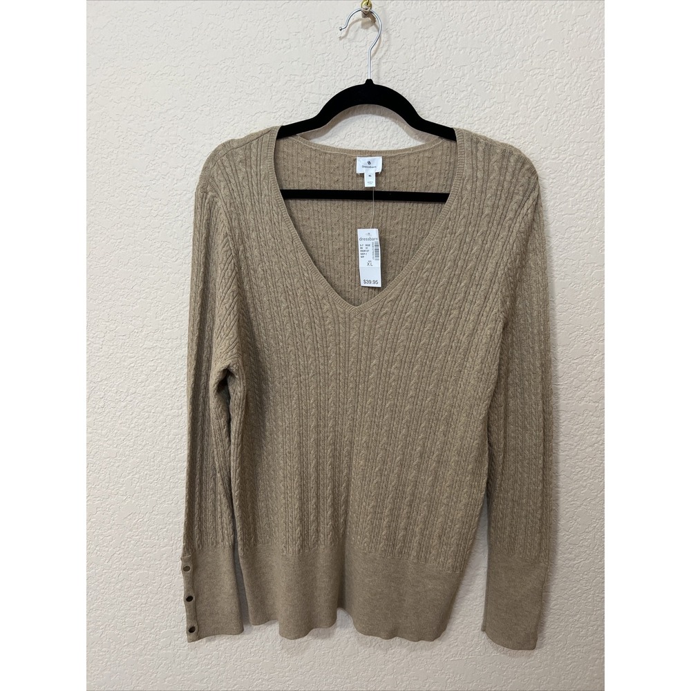 NWT Dressbarn Camel Brown Cable Knit Pullover Sweater XL Comfort Classic V-neck